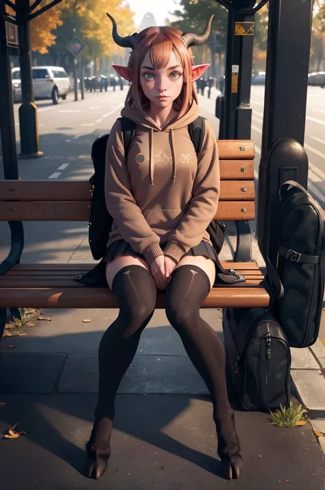 full body picture of girl satyr pointy ears looking at viewer horns thighhighs (hooves:1.2) in hoodie miniskirt with backpack Sitting on bench at bus stop in wilds <lora:CHA satyr_cpt_v01:1:hr=0.6> satyrcpt
<lora:DET epi_noiseoffset2:0.3>, masterpiece best quality high quality highres ultra-detailed, complimentary colors intricate details subsurface scattering