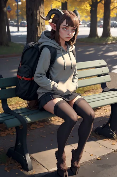 full body picture of girl satyr pointy ears looking at viewer horns thighhighs (hooves:1.2) in hoodie miniskirt with backpack Sitting on bench at bus stop in wilds <lora:CHA satyr_cpt_v01:1:hr=0.6> satyrcpt
<lora:DET epi_noiseoffset2:0.3>, masterpiece best quality high quality highres ultra-detailed, complimentary colors intricate details subsurface scattering