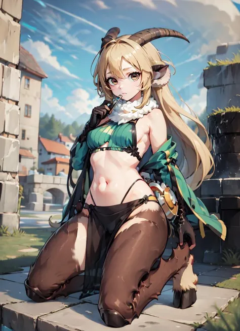 ((best quality)), ((highly detailed)), absurdres, (detailed eyes, deep eyes), (1girl), dynamic pose, upper body, <lora:aiomonstergirls_loraLocon:.2>, <lora:satyr_cpt_v01:.9>, satyrcpt, (satyr), blonde hair, brown eyes, <lora:horizontal_pupils-v2:.95>, horizontal pupils, horns, animal ears, (goat horns), (goat legs), <lora:hoovedlegs:.75>, hooved legs, (furry legs), hooves, medium breasts, tube top, loincloth, pelvic curtain, gloves, (outdoors, in a castle, midday)