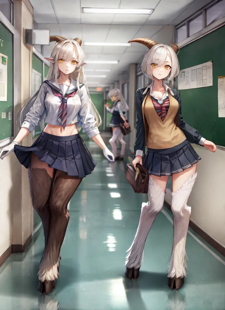 ((best quality)), ((highly detailed)), masterpiece, absurdres, detailed face, beautiful face, (detailed eyes, deep eyes), (1girl), Perspective control, full body, very wide shot, <lora:hairdetailer:.9>, <lora:aiomonstergirls_loraLocon:.9>, <lora:satyr_cpt_v01:.9>, satyrcpt, (satyr), white hair, yellow eyes, horns, animal ears, (goat horns), (goat legs), <lora:hoovedlegs:.75>, hooved legs, (furry legs), hooves, medium breasts, tube top, loincloth, pelvic curtain, gloves, (inside, <lora:school_hallway_v0.1:1>, school hallway, school uniform, BREAK (((multiple girls))))