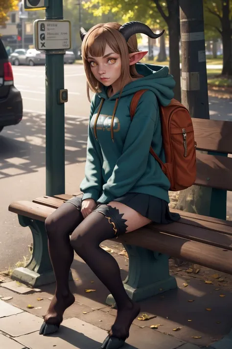 full body picture of girl satyr pointy ears looking at viewer horns thighhighs (hooves:1.2) in hoodie miniskirt with backpack Sitting on bench at bus stop in wilds <lora:CHA satyr_cpt_v01:1:hr=0.6> satyrcpt
<lora:DET epi_noiseoffset2:0.3>, masterpiece best quality high quality highres ultra-detailed, complimentary colors intricate details subsurface scattering