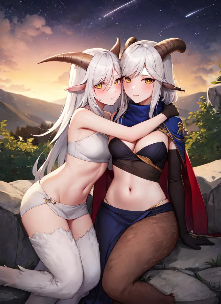 ((best quality)), ((highly detailed)), masterpiece, absurdres, (detailed eyes, deep eyes), (1girl), hug, blush, (2girls, yuri), <lora:aiomonstergirls_aiov4LoraLycoris:.8>, <lora:satyr_cpt_v01:.7>, satyrcpt, (satyr), white hair, yellow eyes, horns, animal ears, (goat horns), (goat legs), <lora:hoovedlegs:.7>, hooved legs, (furry legs), hooves, medium breasts, tube top, loincloth, pelvic curtain, gloves, (outside, on an active volcano, dusk, shooting star)
