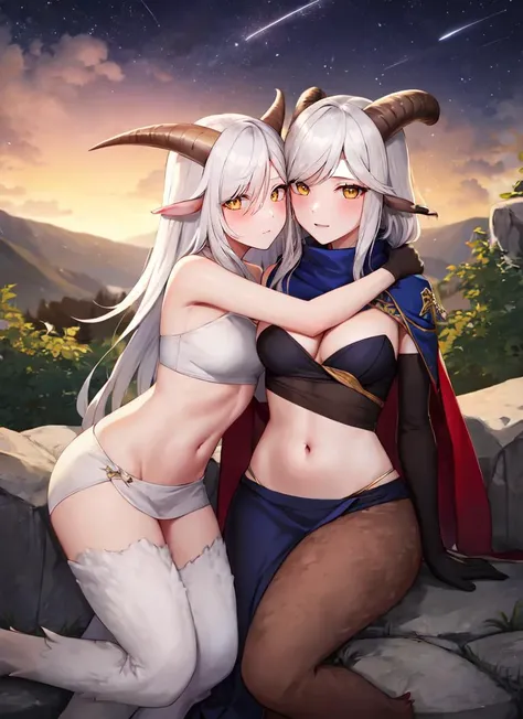 ((best quality)), ((highly detailed)), masterpiece, absurdres, (detailed eyes, deep eyes), (1girl), hug, blush, (2girls, yuri), <lora:aiomonstergirls_aiov4LoraLycoris:.8>, <lora:satyr_cpt_v01:.7>, satyrcpt, (satyr), white hair, yellow eyes, horns, animal ears, (goat horns), (goat legs), <lora:hoovedlegs:.7>, hooved legs, (furry legs), hooves, medium breasts, tube top, loincloth, pelvic curtain, gloves, (outside, on an active  volcano, dusk, shooting star)