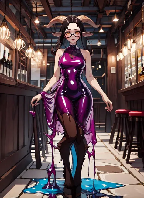 ((best quality)), ((highly detailed)), masterpiece, absurdres, detailed face, beautiful face, (detailed eyes, deep eyes), (1girl), (glasses), upper body, ((swimsuit, beachball)), <lora:aiomonstergirls_loraLocon:.7>, <lora:satyr_cpt_v01:.5>, satyrcpt, (satyr), black hair, yellow eyes, horns, animal ears, (goat horns), (goat legs), <lora:hoovedlegs:1>, hooved legs, (furry legs), hooves, medium breasts, <lora:liquid_dress-1.0:1>, liquid dress, brown dress, (inside, at a bar, Oktoberfest_outfit), <lora:mike_inel_v2:1>, mikeinel