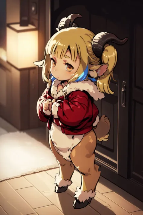 satyrcpt, satyr, goat_horns, legfur, animal ears, hooves, solo, 1girl, golden hair, side ponytail, bronze eyes, :>, frontlighting, full body,  <lora:satyr_cpt_v01:1>  <lora:himukai_yuuji_style_v01:1>