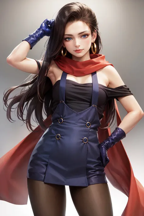 (masterpiece, best quality:1.2), <lora:jojo_lisalisa-10:1>, cowboy shot, solo, 1girl, lisa lisa, slight smile, closed mouth, looking at viewer, hands on hips, off-shoulder dress, pantyhose, gloves, red scarf, jewelry, earrings