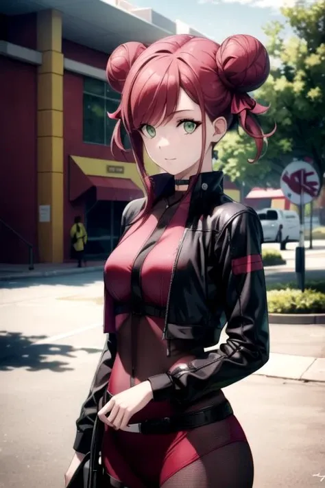 aki1, izayoi aki, solo, cleavage, choker, large breasts, unzipping, open bodysuit, gloves, dating, outdoor, shy