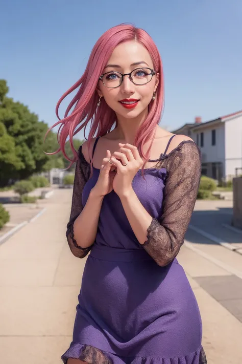 masterpiece, best quality, highly detailed, ultra high res, (photorealistic:1.8), unreal_engine, photograph, realistic_skin_texture, japonese face, <lora:okusan_okita-10:0.8>, okita kyouko, 1girl, solo, looking at viewer, pink hair, blue eyes, smile, closed mouth, from angle, red dress, glasses, dress, bag, standing, full body, looking at viewer, long sleeves, black-framed eyewear, smile, white background, jewelry, lipstick, red lips, pray hand on hip, Nazca terrestrial painting, outdoors