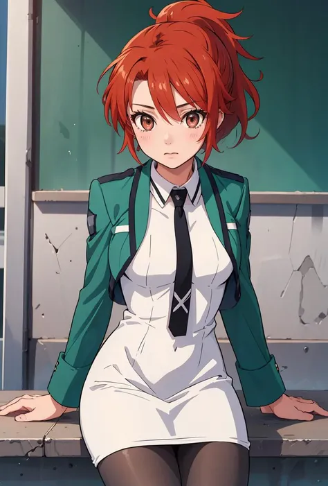 (masterpiece, best quality), 1girl, <lora:ErikaChiba:0.8> ErikaChiba, 1girl, solo, short hair, red eyes, white dress, brown eyes, green jacket, ponytail, pantyhose, red hair, black necktie, school uniform