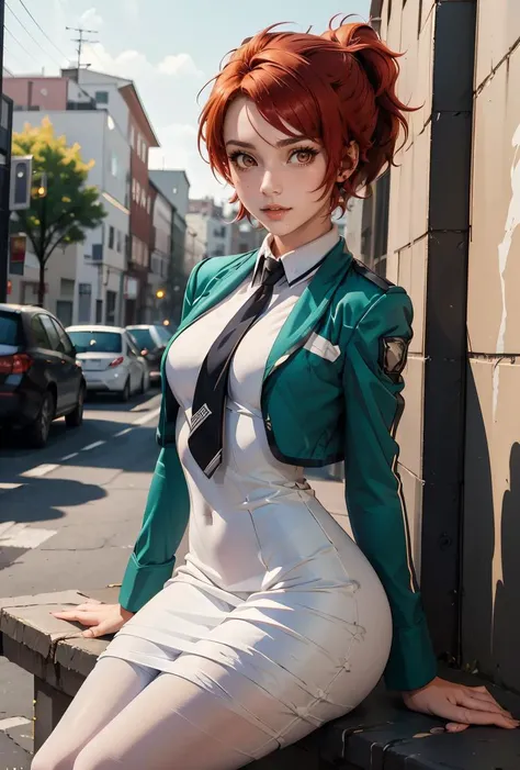 (masterpiece, best quality), 1girl,  <lora:ErikaChiba:0.8> ErikaChiba, 1girl, solo, short hair, red eyes, white dress, brown eyes, green jacket, ponytail, pantyhose, red hair, black necktie, school uniform