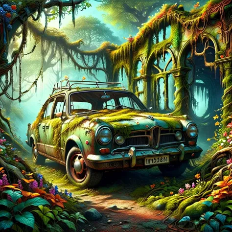 a decayed fantasy car in a forest, rust, moss flowers, vines,, 1980s fantasy style, Masterpiece realistic, best high quality, perfect details, intricate details, nice lighting, detailed background,<lora:1980s_Fantasy_Style_SDXL:1.0>