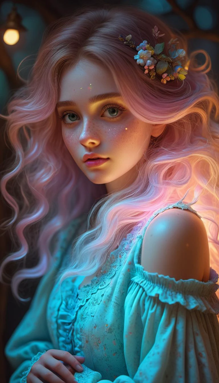 <lora:1980s_Fantasy_Style_SDXL:0.35> shabby chic dreamy glowums pastel woodland freckled fairygirl swirling magical fairytale abstract artstation (in the style of Jessica Drossin), realistic, subsurface scattering, ultra hd, 4k, high def, Photorealistic, Hyperrealistic, Hyper detailed, analog style, realistic, masterpiece, best quality, ultra realistic, 8k, Intricate, High Detail, film photography, soft lighting, heavy shadow