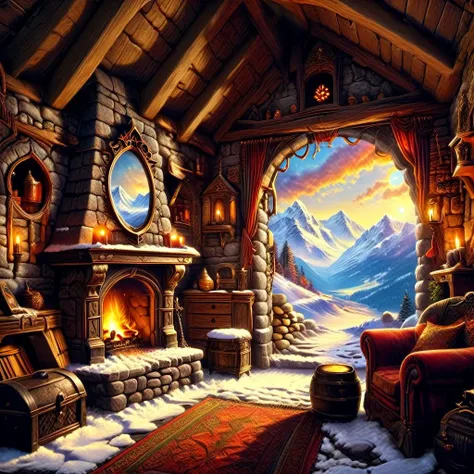 cozy cottage, fireplace, window, snow mountains in the background, 1980s fantasy style, Masterpiece realistic, best high quality, perfect details, intricate details, nice lighting, detailed background,<lora:1980s_Fantasy_Style_SDXL:1.0>