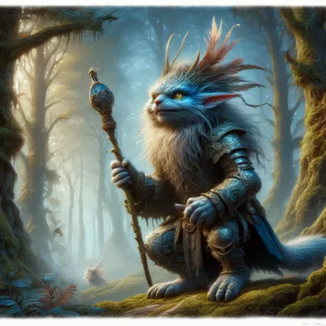 illustration of a little magical cute forest creature. The creature IS holding a spear. fantasy art, intricate details, style Jean - Baptiste Monge, style Alan Lee, anthropomorphic insanity scene from a movie, dramatic shot angle, atmospheric particles, Real, raw cinematic photorealism, action portrait, 8k, detailed, centered, full frame, blue eyes, 1980s fantasy style, Masterpiece realistic, best high quality, perfect details, intricate details, nice lighting, detailed background,<lora:1980s_Fantasy_Style_SDXL:1.0>