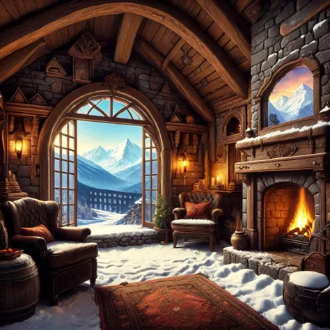 fantasy cozy cottage, fireplace, window, snow mountains in the background, 1980s fantasy style, Masterpiece realistic, best high quality, perfect details, intricate details, nice lighting, detailed background,<lora:1980s_Fantasy_Style_SDXL:1.0>