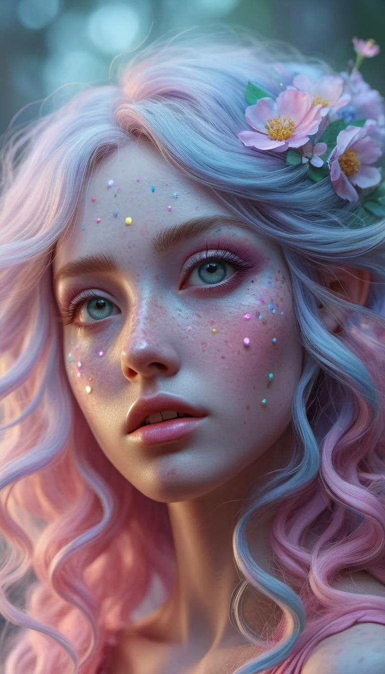 <lora:1980s_Fantasy_Style_SDXL:0.35> shabby chic dreamy glowums pastel woodland freckled fairygirl swirling magical fairytale abstract artstation (in the style of Jessica Drossin), realistic, subsurface scattering, ultra hd, 4k, high def, Photorealistic, Hyperrealistic, Hyper detailed, analog style, realistic, masterpiece, best quality, ultra realistic, 8k, Intricate, High Detail, film photography, soft lighting, heavy shadow