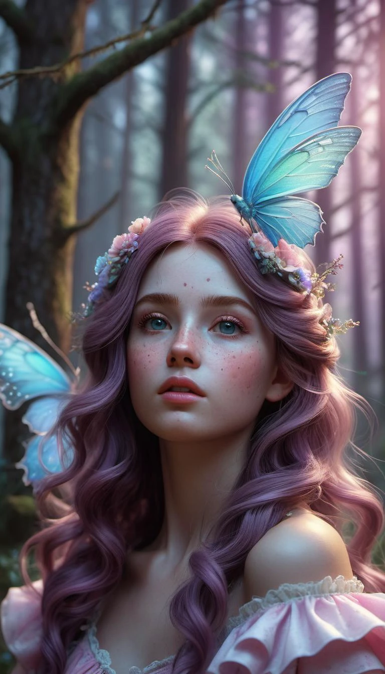 <lora:1980s_Fantasy_Style_SDXL:0.35> shabby chic dreamy glowums pastel woodland freckled fairygirl swirling magical fairytale abstract artstation (in the style of Jessica Drossin), realistic, subsurface scattering, ultra hd, 4k, high def, Photorealistic, Hyperrealistic, Hyper detailed, analog style, realistic, masterpiece, best quality, ultra realistic, 8k, Intricate, High Detail, film photography, soft lighting, heavy shadow