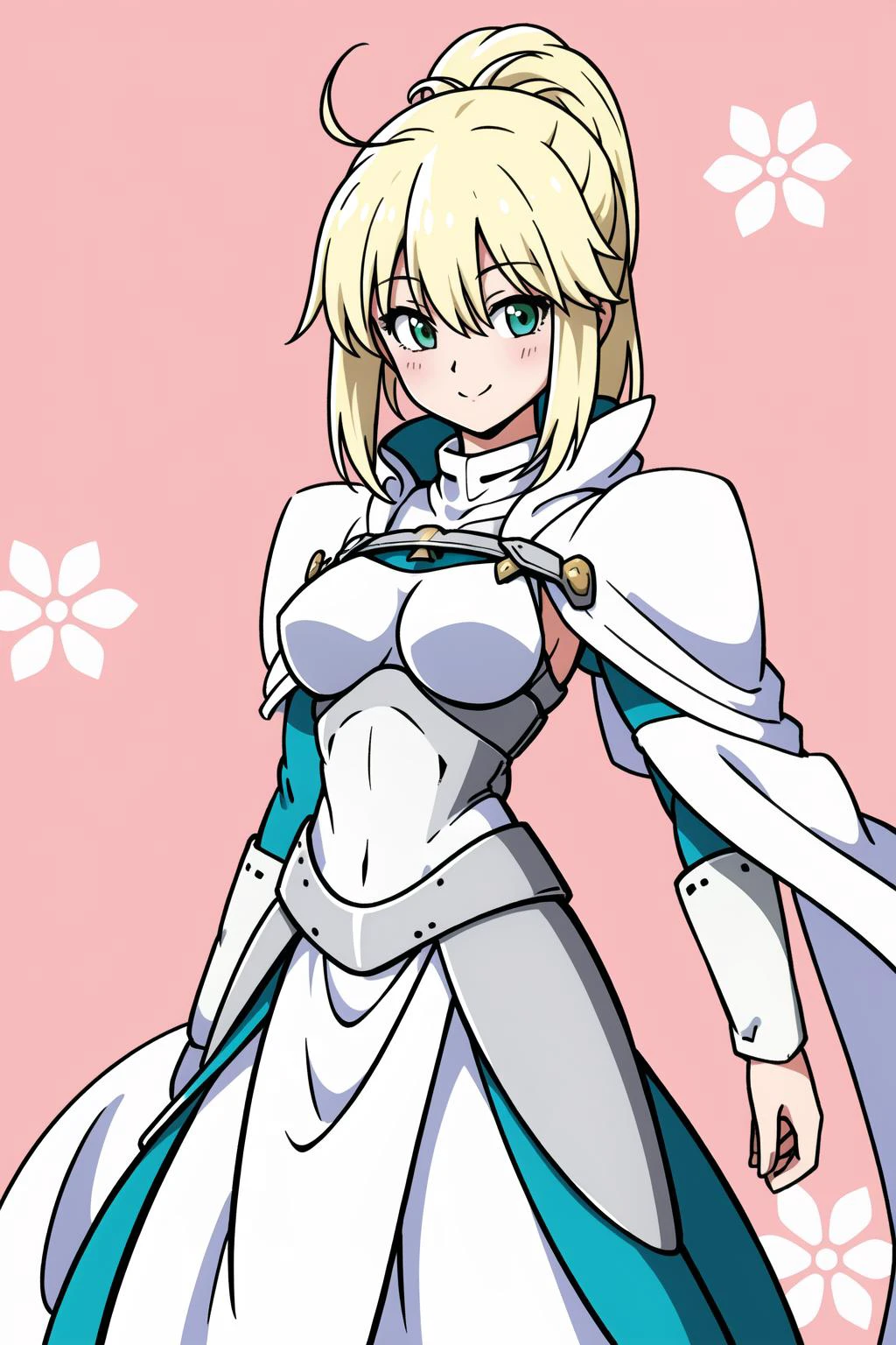 light smile, floral background, paper background,
1girl, solo, blonde hair, green eyes, white armor, white cape, cowboy shot,ahoge,artoria pendragon (fate), small breasts, breastplate,, masterpiece, best quality,