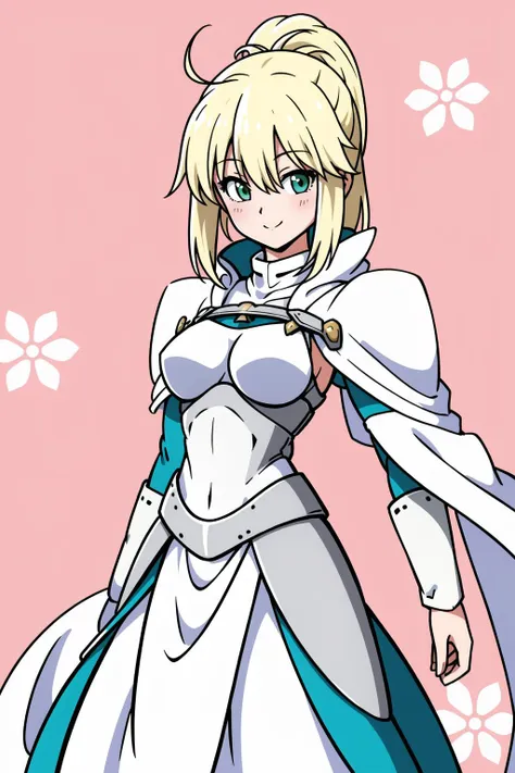 light smile, floral background, paper background, 
1girl,  solo,  blonde hair, green eyes, white armor, white cape, cowboy shot,ahoge,artoria pendragon (fate), small breasts, breastplate,, masterpiece, best quality,