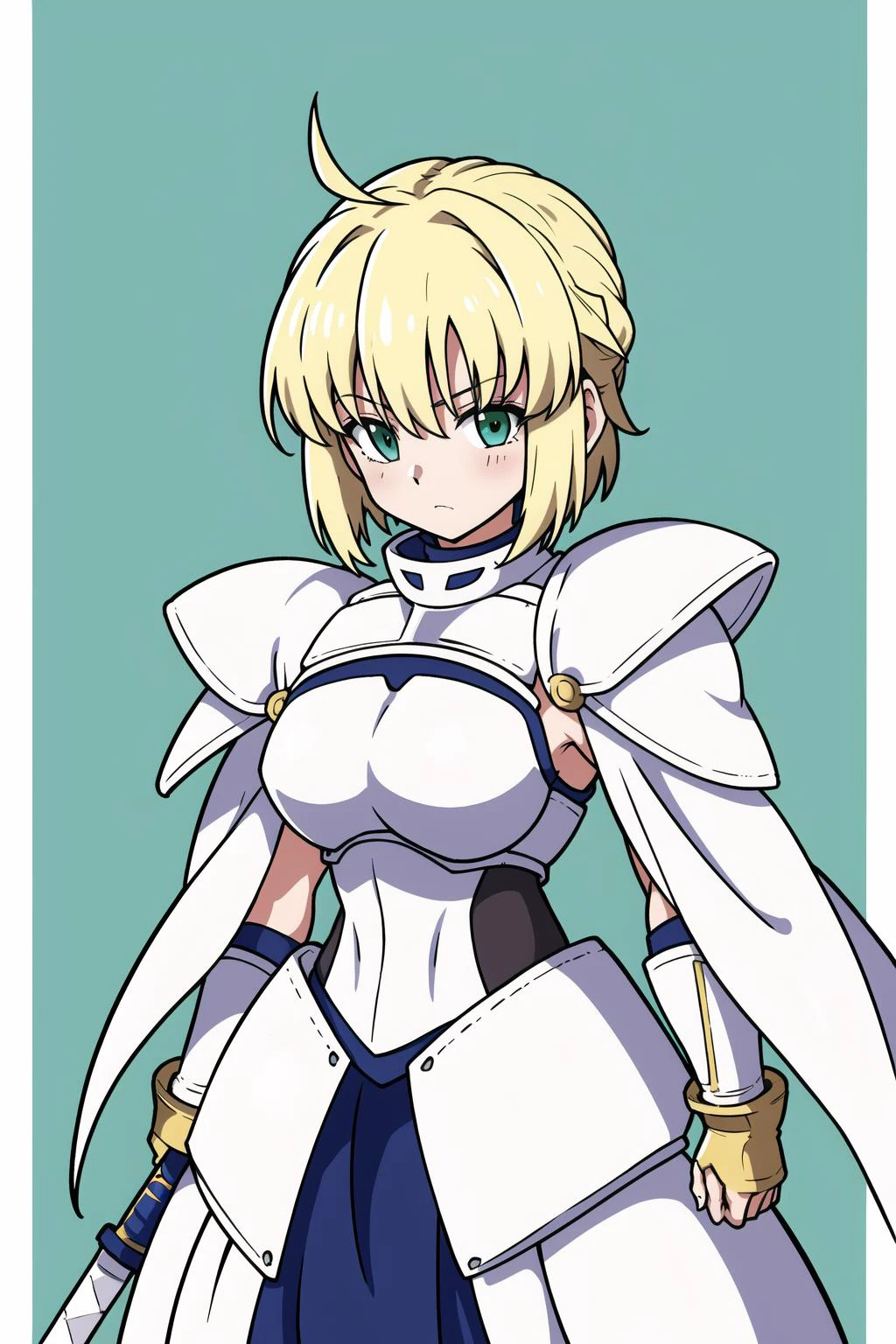 simple background,
1girl, solo, blonde hair, green eyes, white armor, saber(cosplay), short hair, white cape, upper body, ahoge,(carrying excalibur (fate/stay night)),, masterpiece, best quality,