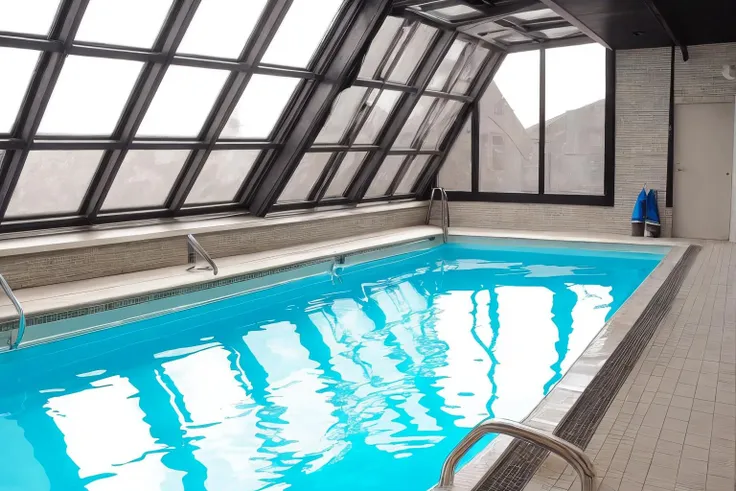 There is a pool in a large indoor swimming pool with a skylight - SeaArt AI