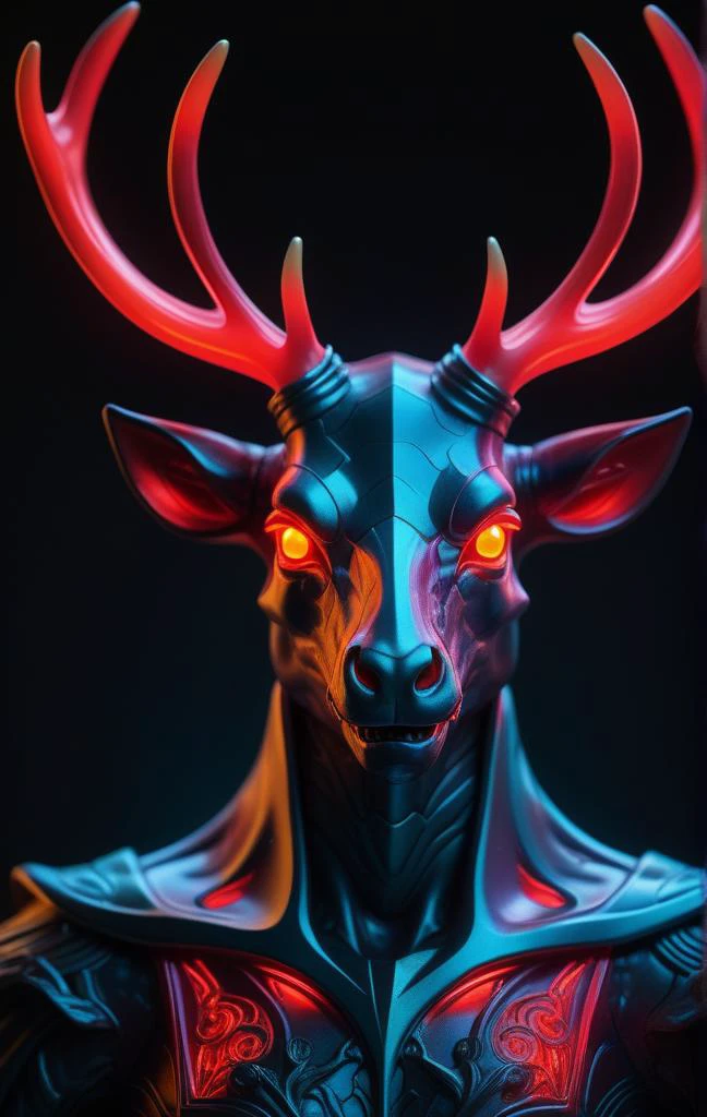 instant christmas, neon red reindeer, high quality fantasy art of a beautiful raging reindeer made of transparent glass, glowing within, delicate figurine, red nose, kawaii, chibi, adorable, flame eyes, ultra Realistic, Extreme Detailed, beautiful Prism light, neon light, Glass made ultra Detailed transparent raging red reindeer, ultra transparent, wearing glass made transparent luxury Armor, Hyper realistic art skull joker demon concept art portrait by Casey Weldon, Olga Kvasha, Miho Hirano, hyper detailed intricately detailed gothic art trending on Artstation triadic colors Unreal Engine 5 detailed matte painting, deep color, fantastical, intricate detail, splash screen, complementary colors, fantasy concept art, 8k resolution, gothic DeviantArt masterpiece, Extremely high-resolution details, photographic, realism pushed to extreme, fine texture, incredibly lifelike