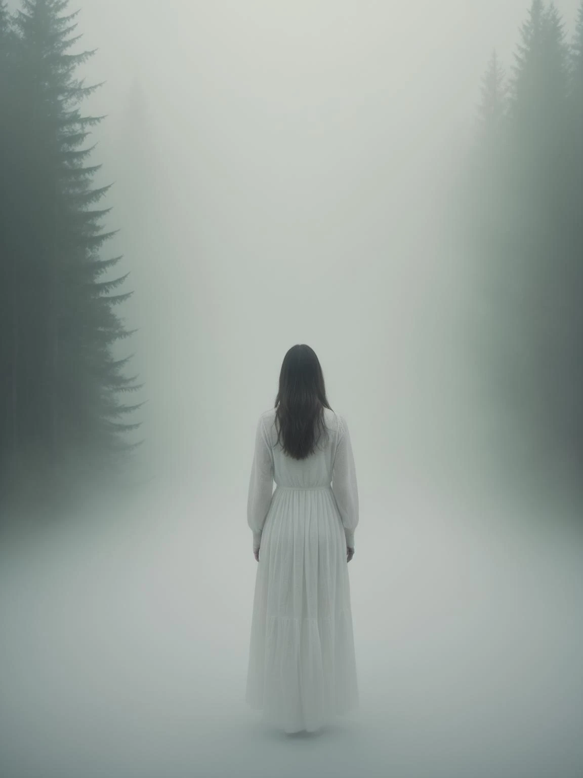 The forest is surrounded by white fog, 1 girl looming, movie texture, HD,8k, photography texture,