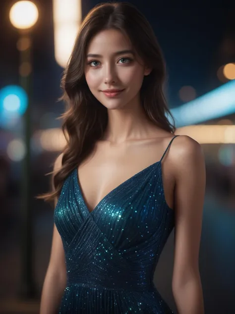 1girl,(wearing a sleeveless glittery evening dress),(RAW photo, best quality), (realistic, photo-realistic:1.4), masterpiece, an extremely delicate and beautiful, extremely detailed, 2k wallpaper, Amazing, finely detail, extremely detailed CG unity 8k wallpaper, ultra-detailed, highres, soft light, beautiful detailed girl, extremely detailed eyes and face, beautiful detailed nose, beautiful detailed eyes,cinematic lighting,city lights at night,perfect anatomy,slender body,smiling