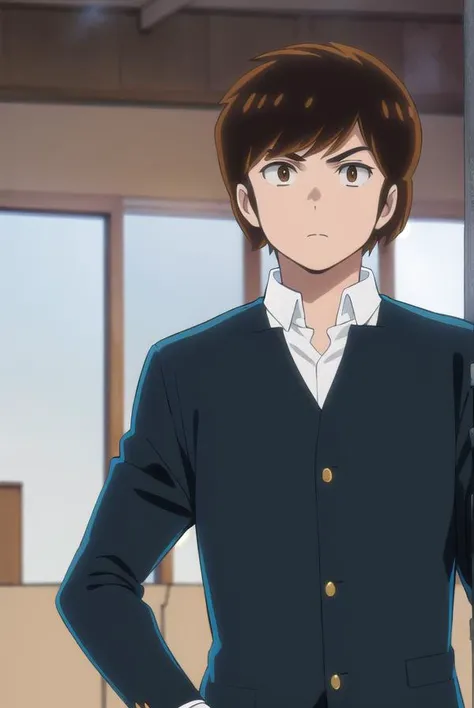 atarumoroboshi, <lora:ataru moroboshi s1-lora-nochekaiser:1>,
ataru moroboshi, brown hair, male focus, (brown eyes:1.5),
BREAK shirt, school uniform, white shirt, collared shirt, pants, black pants, sneakers, gakuran,
BREAK indoors, classroom,
BREAK looking at viewer, (cowboy shot:1.5),
BREAK <lyco:GoodHands-beta2:1>, (masterpiece:1.2), best quality, high resolution, unity 8k wallpaper, (illustration:0.8), (beautiful detailed eyes:1.6), extremely detailed face, perfect lighting, extremely detailed CG, (perfect hands, perfect anatomy),