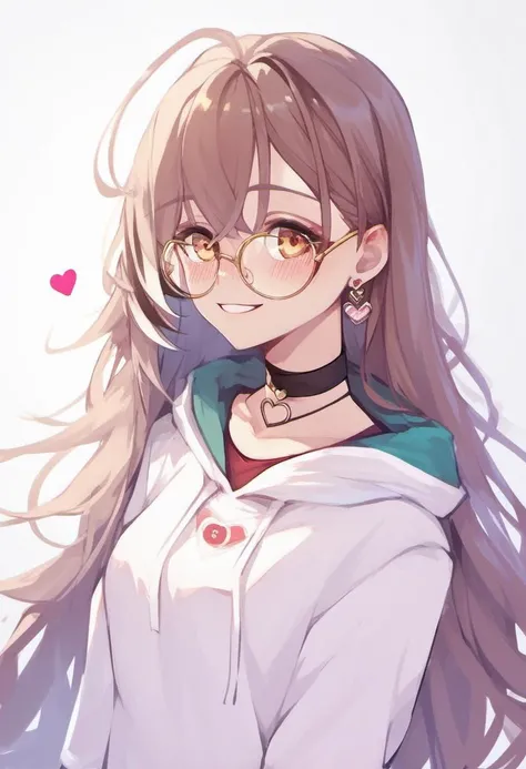 rating_safe, <lora:Nanashi_Mumei_for_PonyXL:1>, nanashi_mumei, solo, looking at viewer, long hair, very long hair, smile, blush, shirt, jewelry, alternate costume, ribbon, official alternate costume, choker, earrings, black choker, hood, glasses, heart, hair down, round eyewear, hoodie, score_9, score_8_up, score_7_up, score_6_up, score_5_up, score_4_up