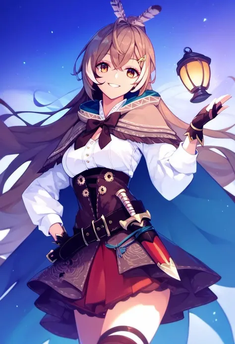 rating_safe, beautiful, <lora:Nanashi_Mumei_for_PonyXL:1>, nanashi_mumei, solo, looking at viewer, long hair, very long hair, smile, default_outfit, cape, weapon, knife, dagger, holding lantern, waving at viewer, hand on hip, score_9, score_8_up, score_7_up, score_6_up, score_5_up, score_4_up
