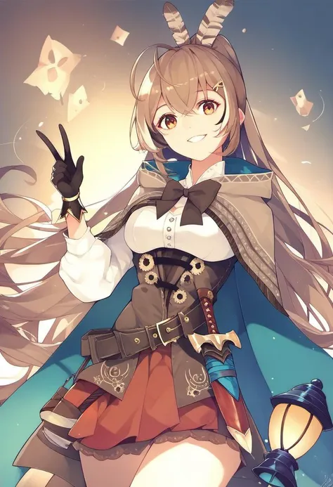 rating_safe, <lora:Nanashi_Mumei_for_PonyXL:1>, nanashi_mumei, solo, looking at viewer, long hair, very long hair, smile, default_outfit, cape, weapon, knife, dagger, lantern, mascot_friend, perfect hands, score_9, score_8_up, score_7_up, score_6_up, score_5_up, score_4_up