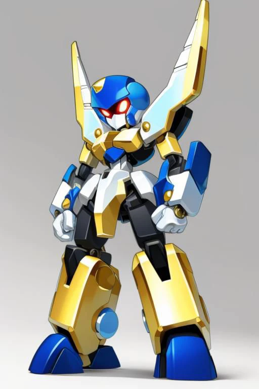 A tall blue and black Medabot with gold trim, high detail, simple background, MedabotV2