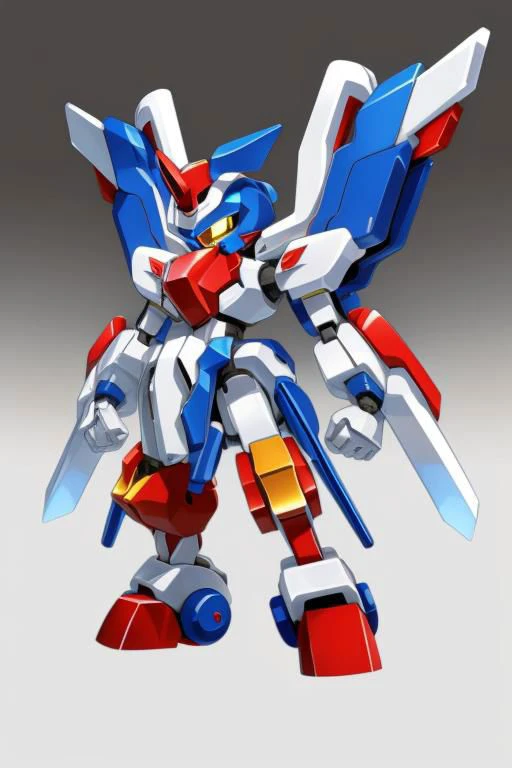 A tall blue and red Medabot with gold trim, high detail, gradient background, MedabotV2, mecha