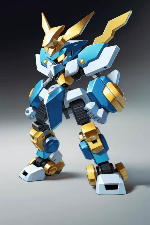 A tall blue and black Medabot with gold trim, high detail, gradient background, MedabotV2