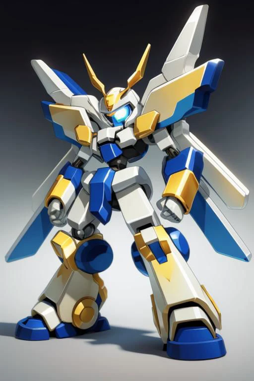 A tall blue and black Medabot with gold trim, high detail, gradient background, MedabotV2, mecha