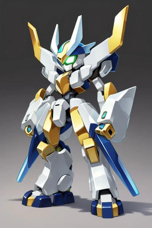 A tall blue and black Medabot with gold trim, high detail, gradient background, MedabotV2, mecha