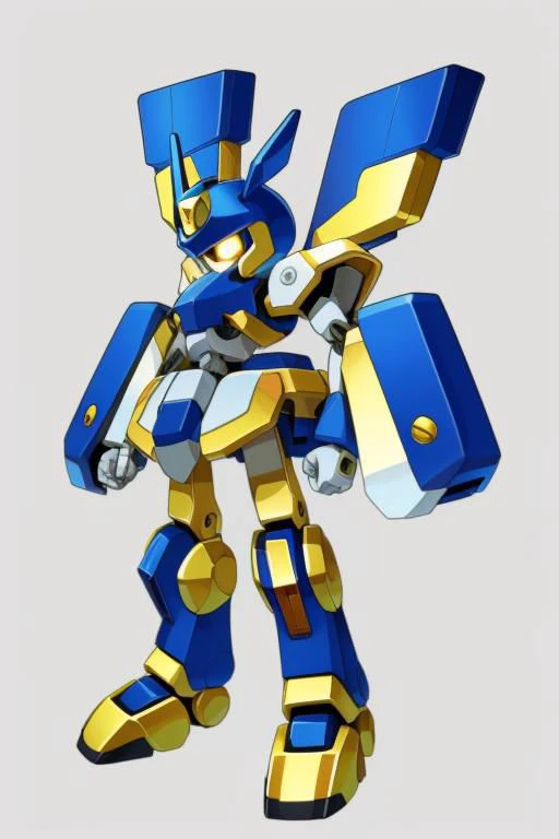 A tall blue and black Medabot with gold trim, high detail, simple background, MedabotV2