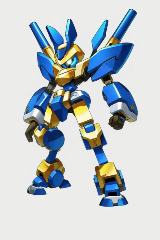 A tall blue and black Medabot with gold trim, high detail, gradient background, MedabotV2, mecha