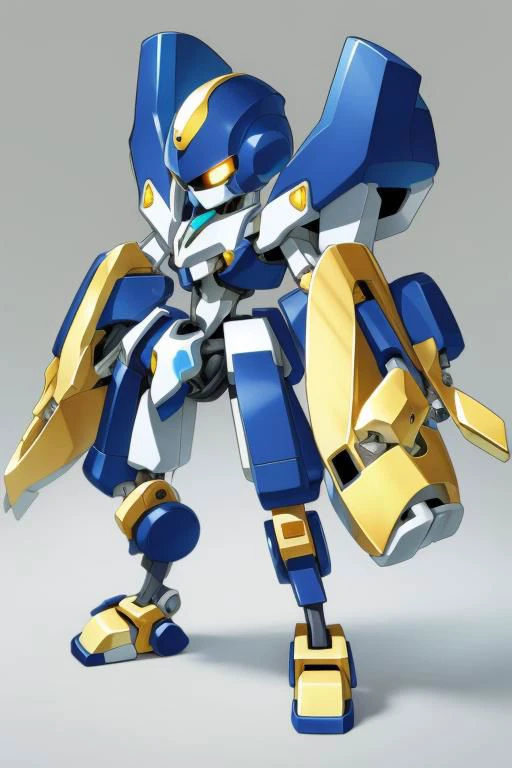 A tall blue and black Medabot with gold trim, high detail, gradient background, MedabotV2, mecha