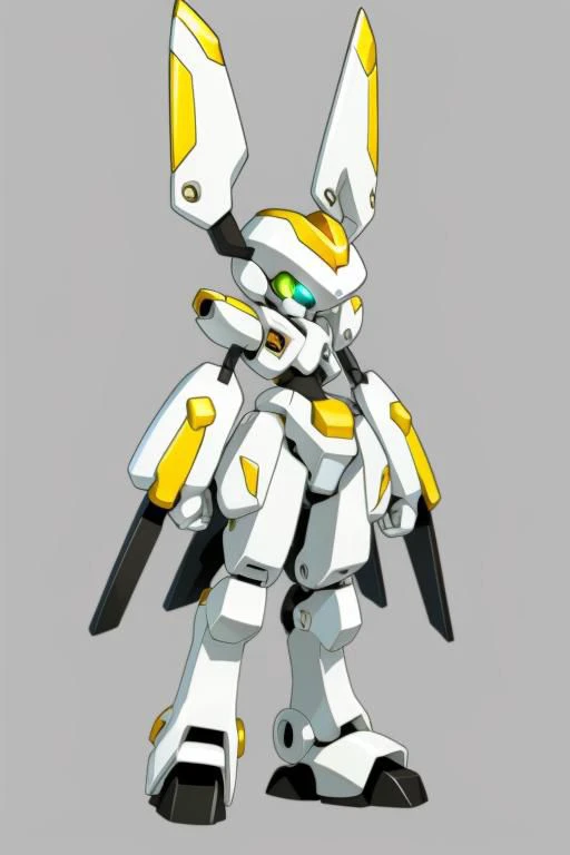 A tall white and black Medabot with gold trim, high detail, simple background, MedabotV2