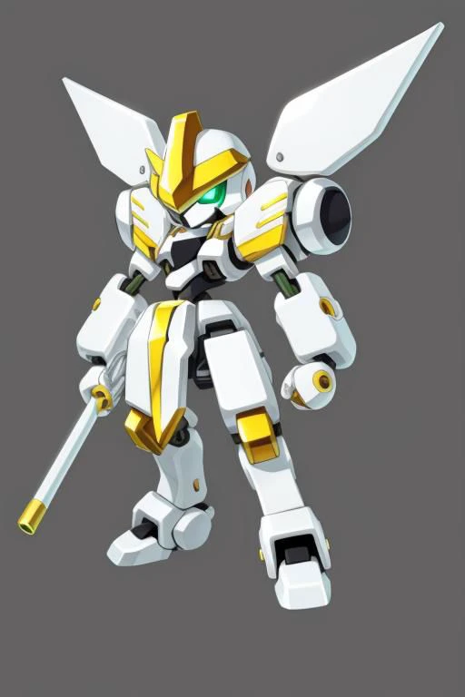 A white and black Medabot with gold trim, high detail, simple background, MedabotV2