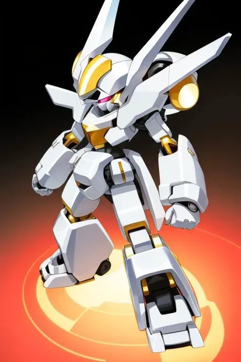 A white and black Medabot with gold trim, high detail, simple background, MedabotV2