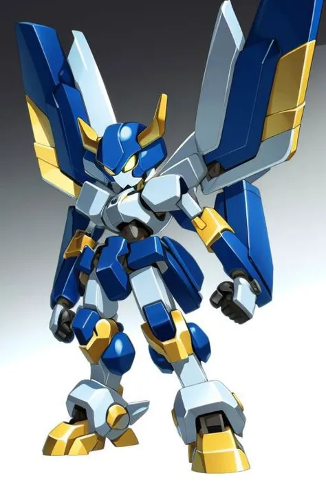 A tall blue and black Medabot with gold trim, high detail, gradient background, MedabotV2