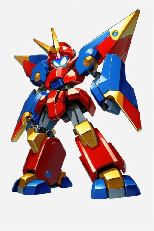 A tall blue and red Medabot with gold trim, high detail, gradient background, MedabotV2, mecha