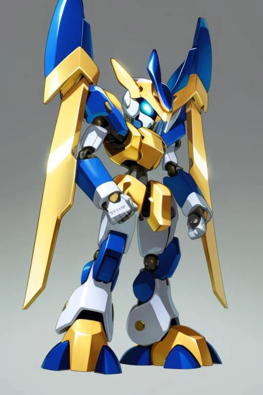 A tall blue and black Medabot with gold trim, high detail, gradient background, MedabotV2