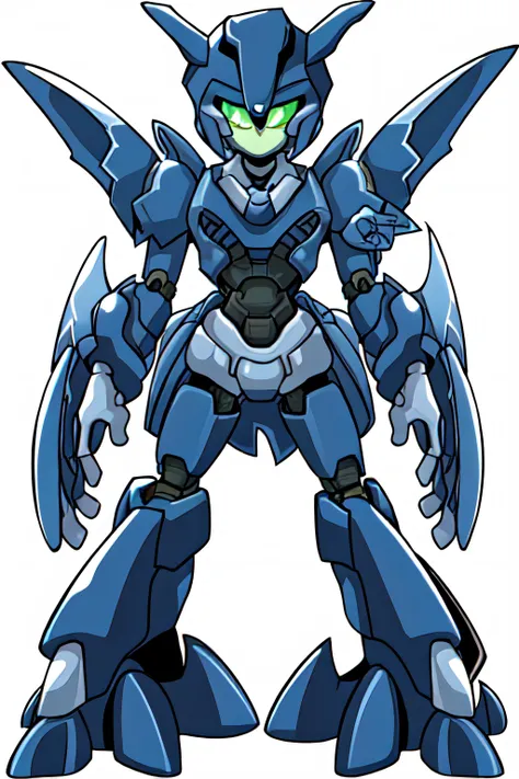 solo digital image of a humanoid robot (medabotV1) with halo horns, no mouth and sharp angular body and wings with 2 arms, 2 hands, 2 legs, and glowing parts, looking at viewer in full view with a random pose, symmetrical body, symmetry, white background, simple background,