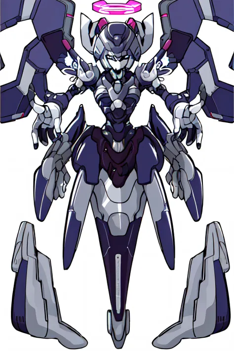 solo digital image of a humanoid robot (medabotV1) with halo horns, no mouth and sharp angular body and wings with 2 arms, 2 hands, 2 legs, and glowing parts, looking at viewer in full view with a random pose, symmetrical body, symmetry, white background, simple background,