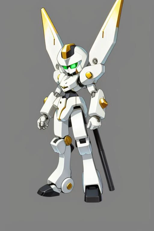 A tall white and black Medabot with gold trim, high detail, simple background, MedabotV2