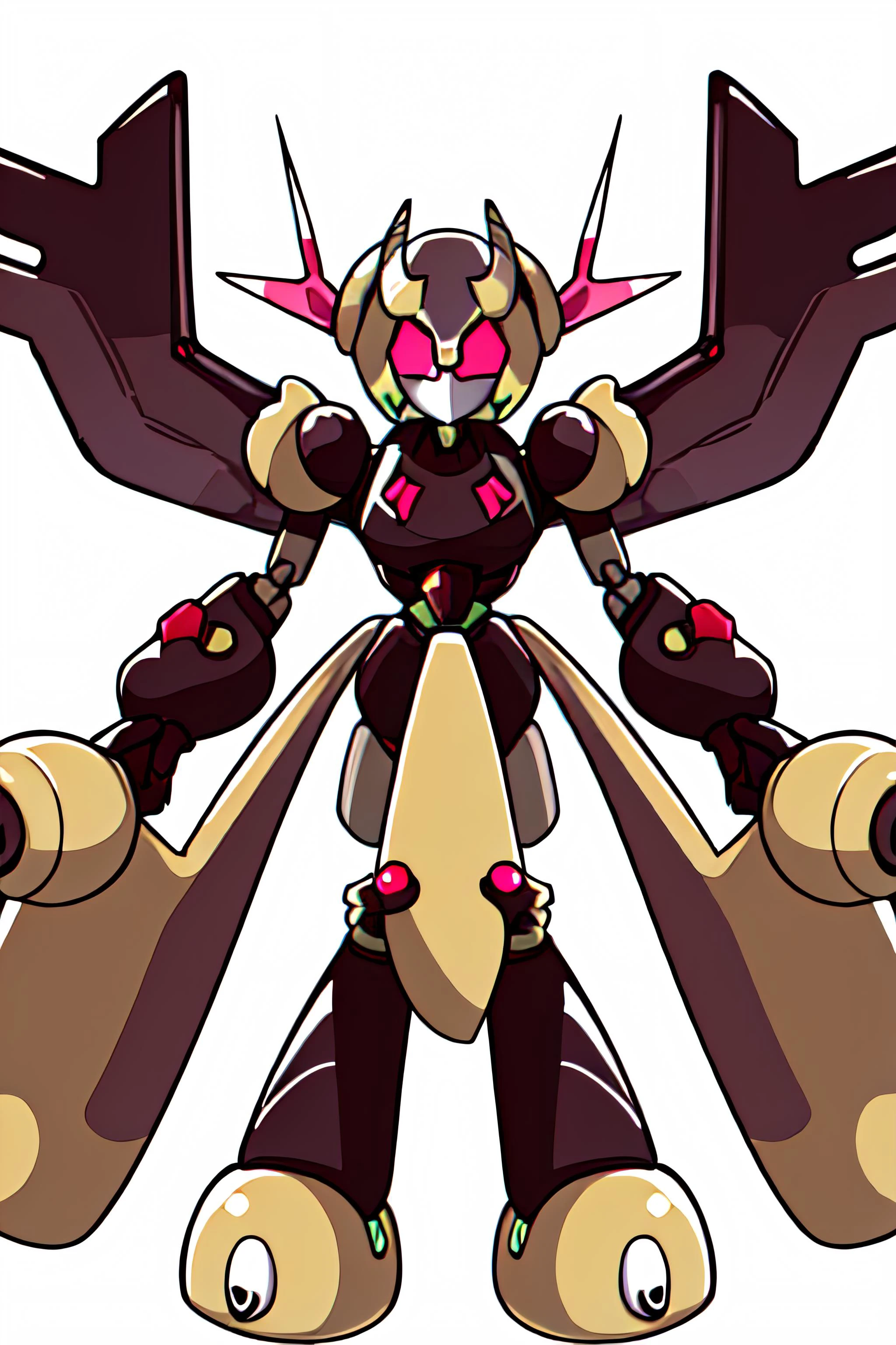 solo digital image of a humanoid robot (medabotV1) with halo horns, no mouth and sharp angular body and wings with 2 arms, 2 hands, 2 legs, and glowing parts, looking at viewer in full view with a random pose, symmetrical body, symmetry, white background, simple background,